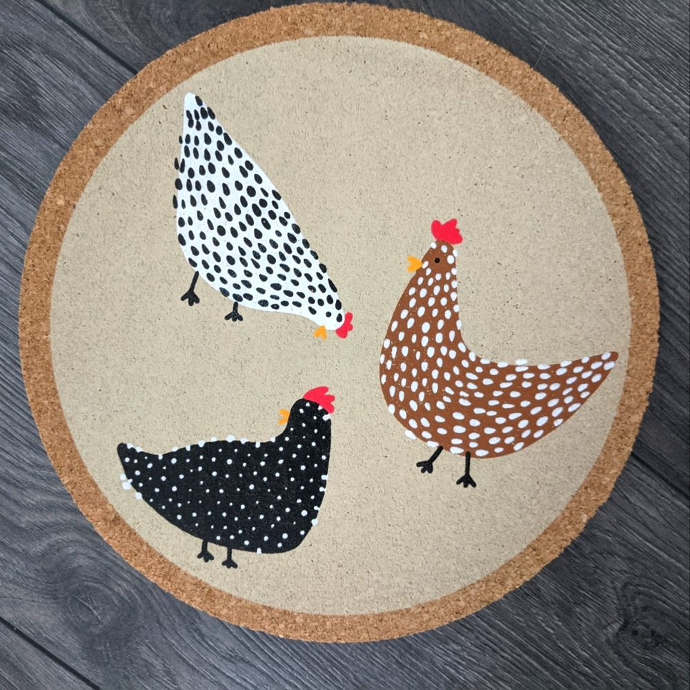 Cottagecore Speckled Hens Chickens Cork Trivet Handpainted